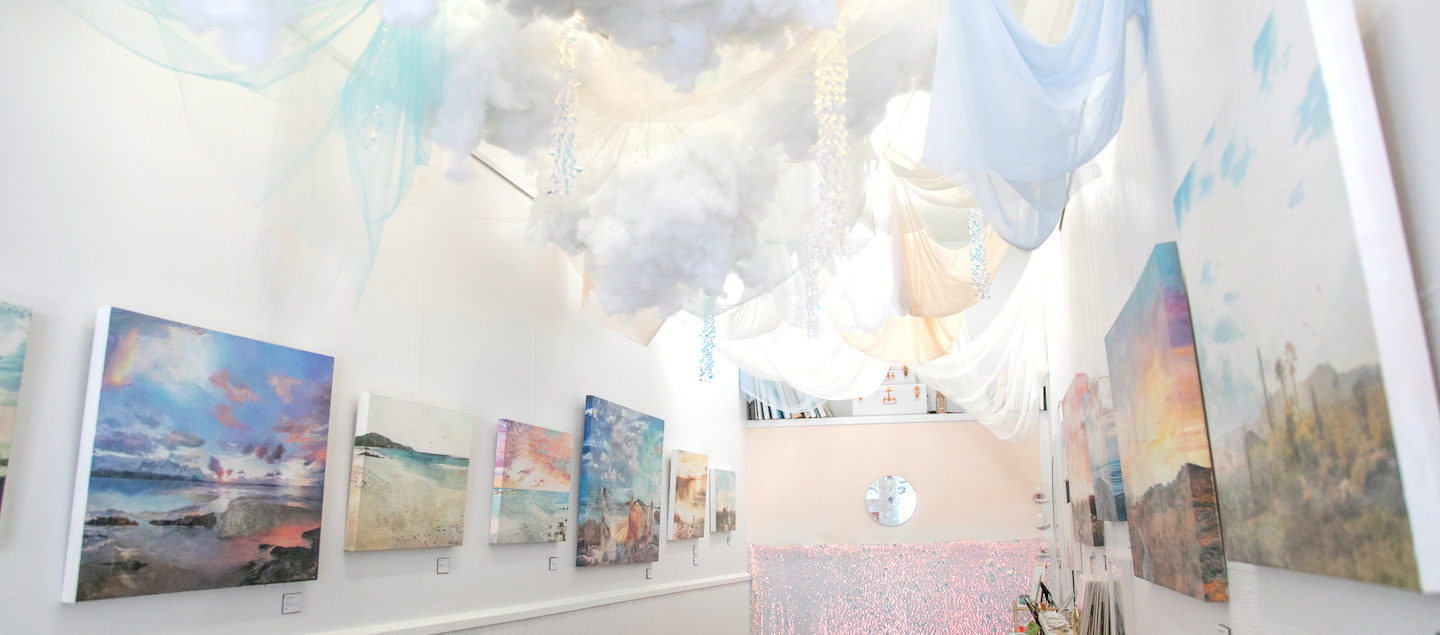 san diego art gallery art installation with hanging clouds