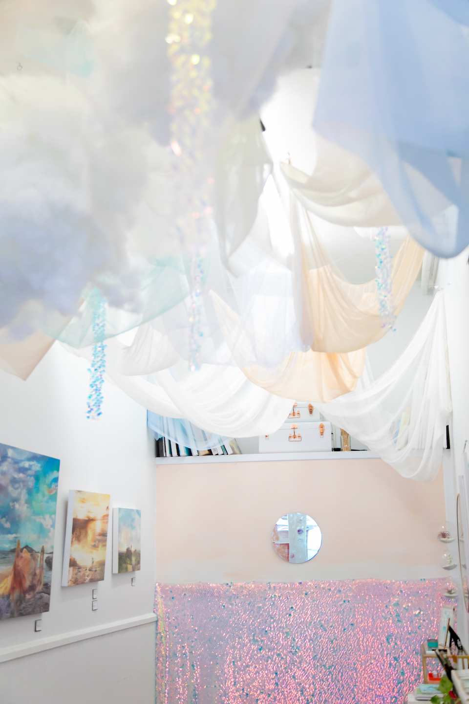 hanging cloud fabric art installation